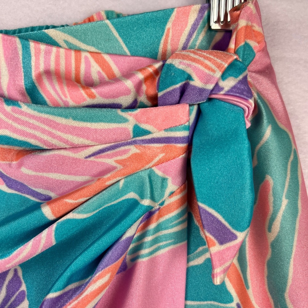 Stewart Vintage Tropical Leaf Print Faux Wrap Midi Skirt Pink Turquoise Med - Picture 2 of 11